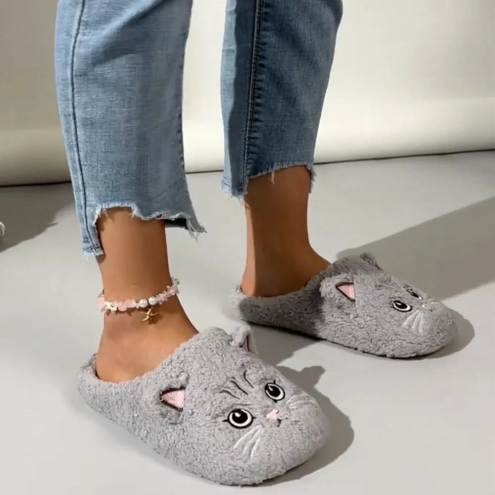 Cozy Gray Cat Slippers for Women